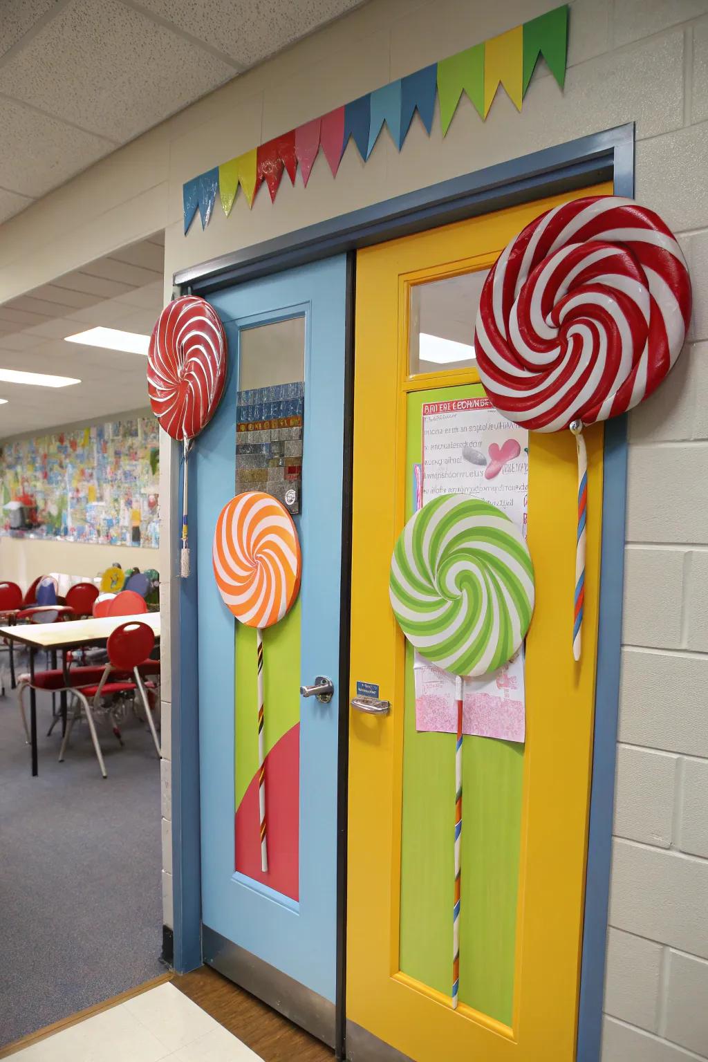 Lollipop lampposts bring whimsy to the classroom entrance.