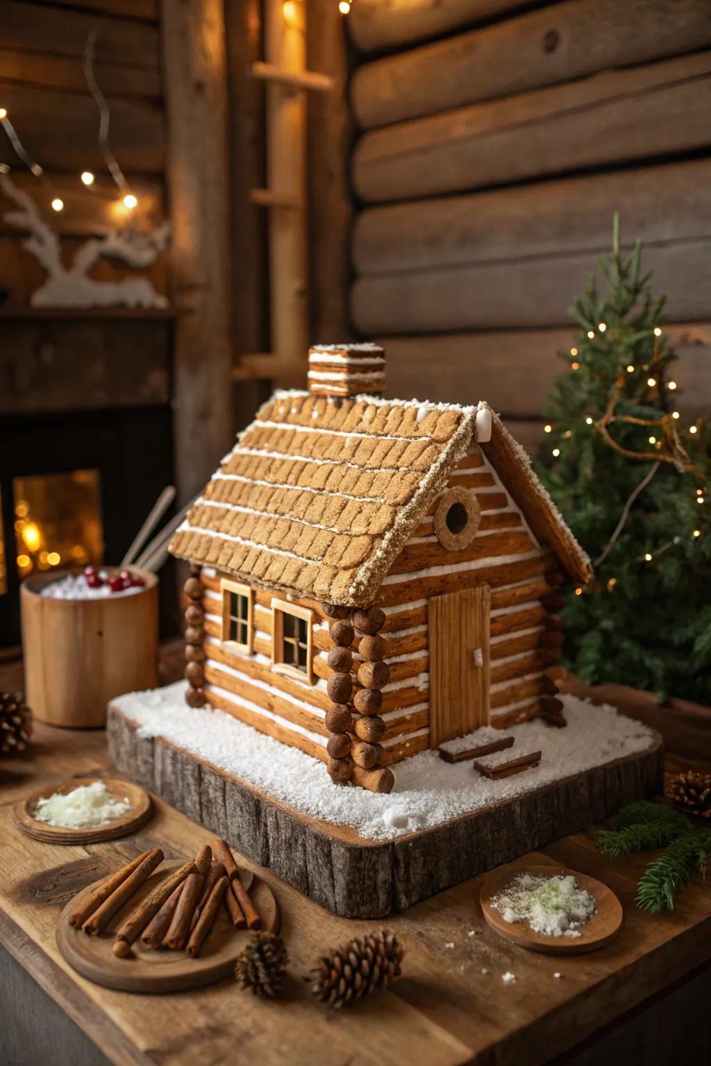 A gingerbread dwelling featuring a twisted bread log cabin rooftop.