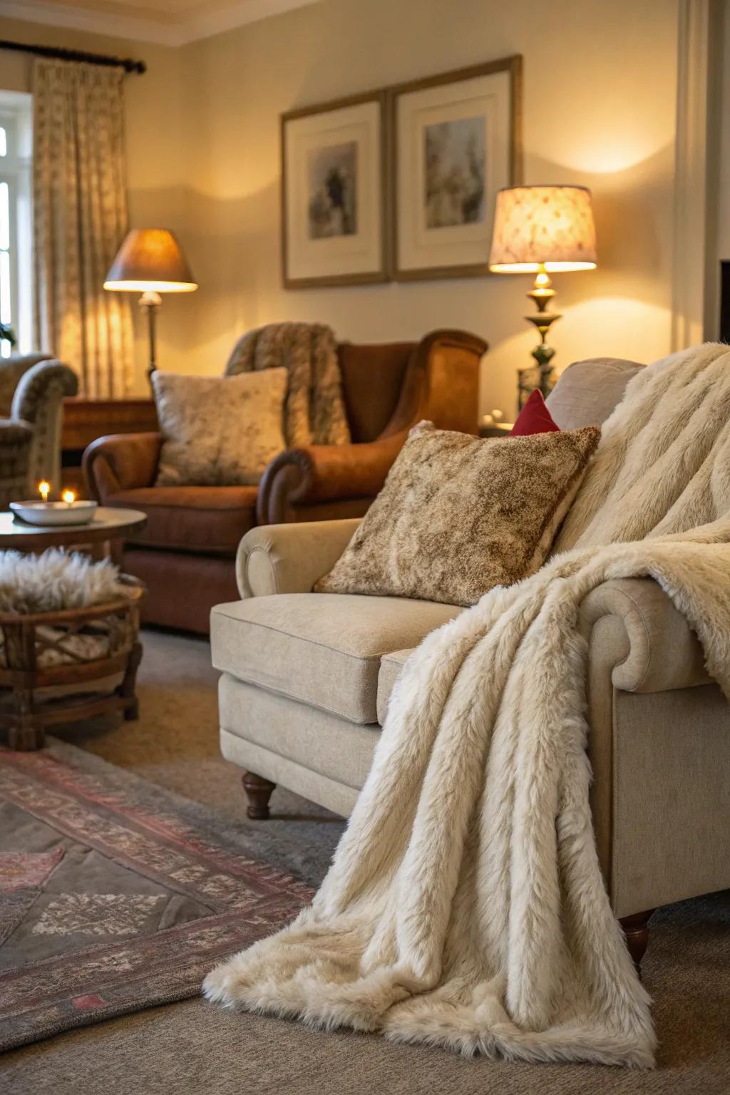A snug living room with gentle simulated fur wraps adding warmth.