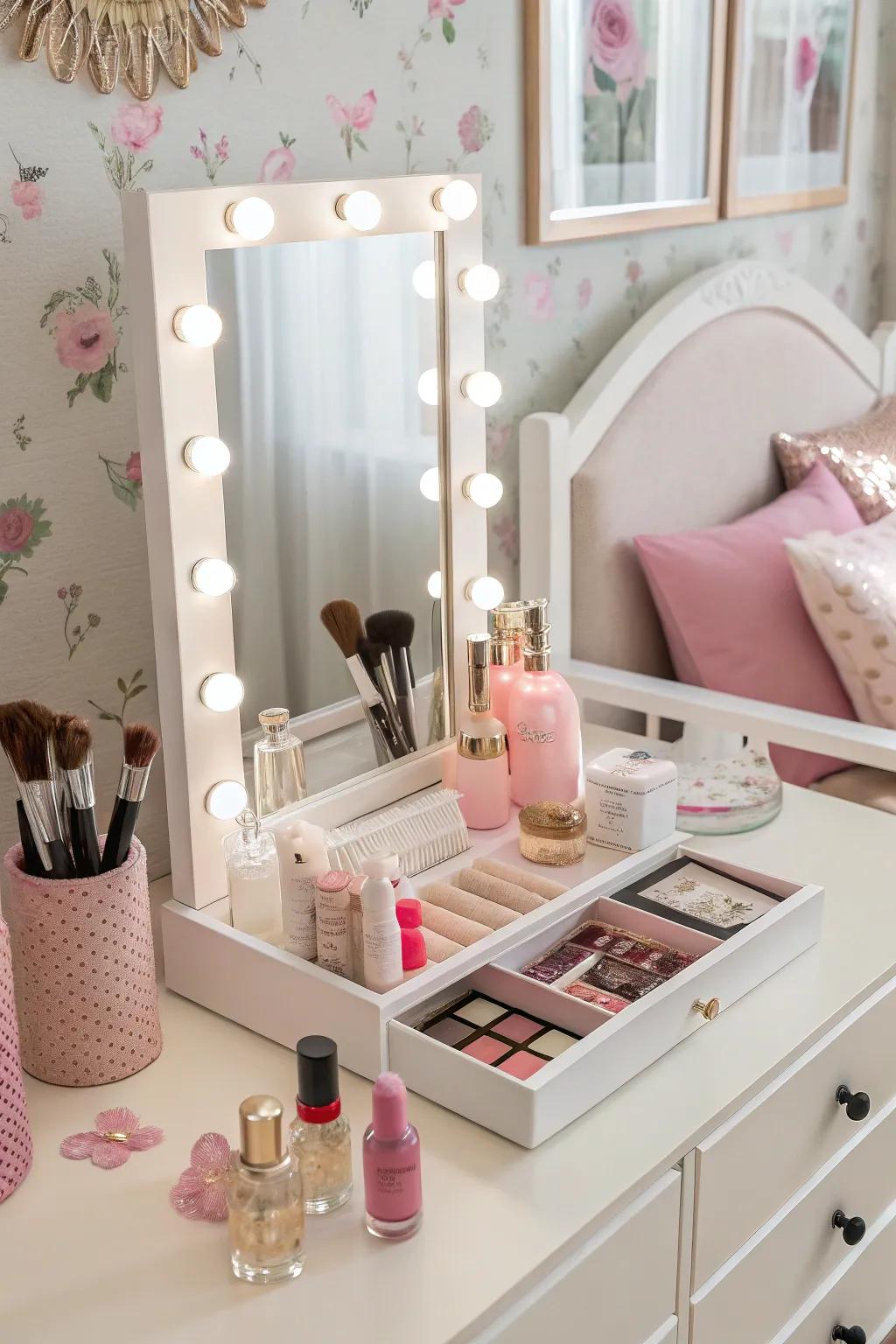 A chic vanity area that's both functional and stylish.