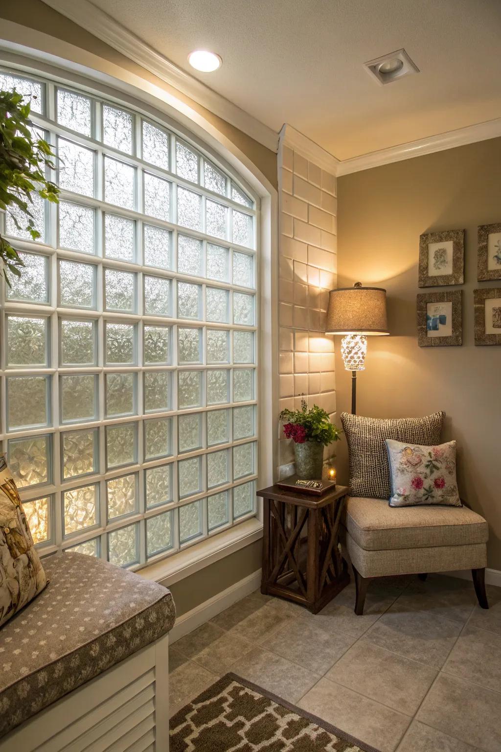 An interior nook with a glass block wall offering privacy and a cozy atmosphere filled with light.