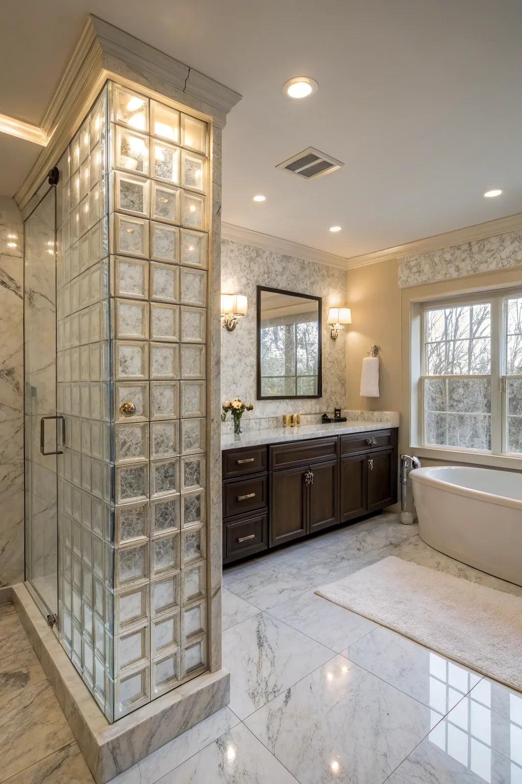 An opulent shower space fashioned from glass tiles.