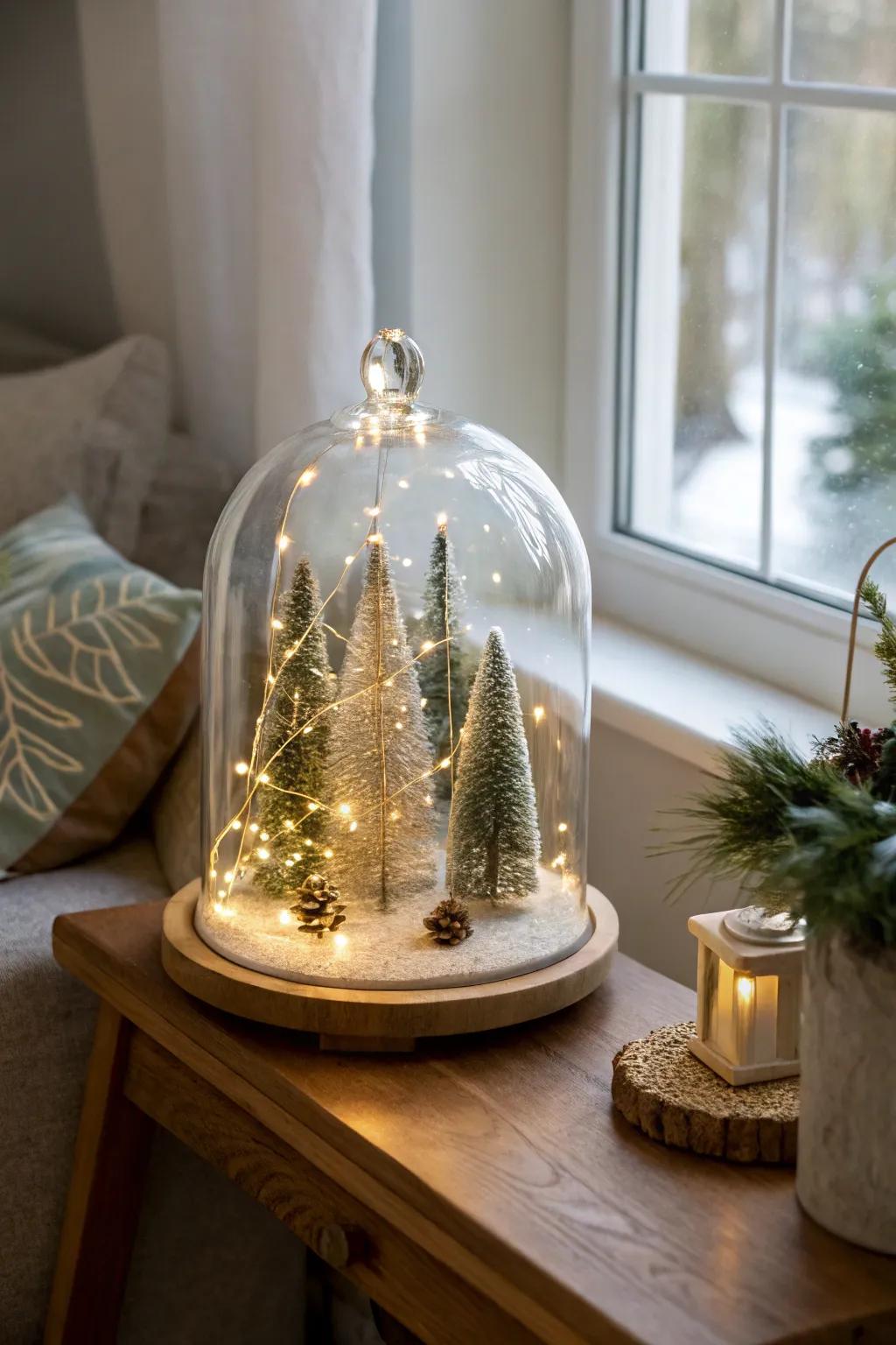 A miniature enchanted woodland featuring trees and illumination beneath a glass protector.
