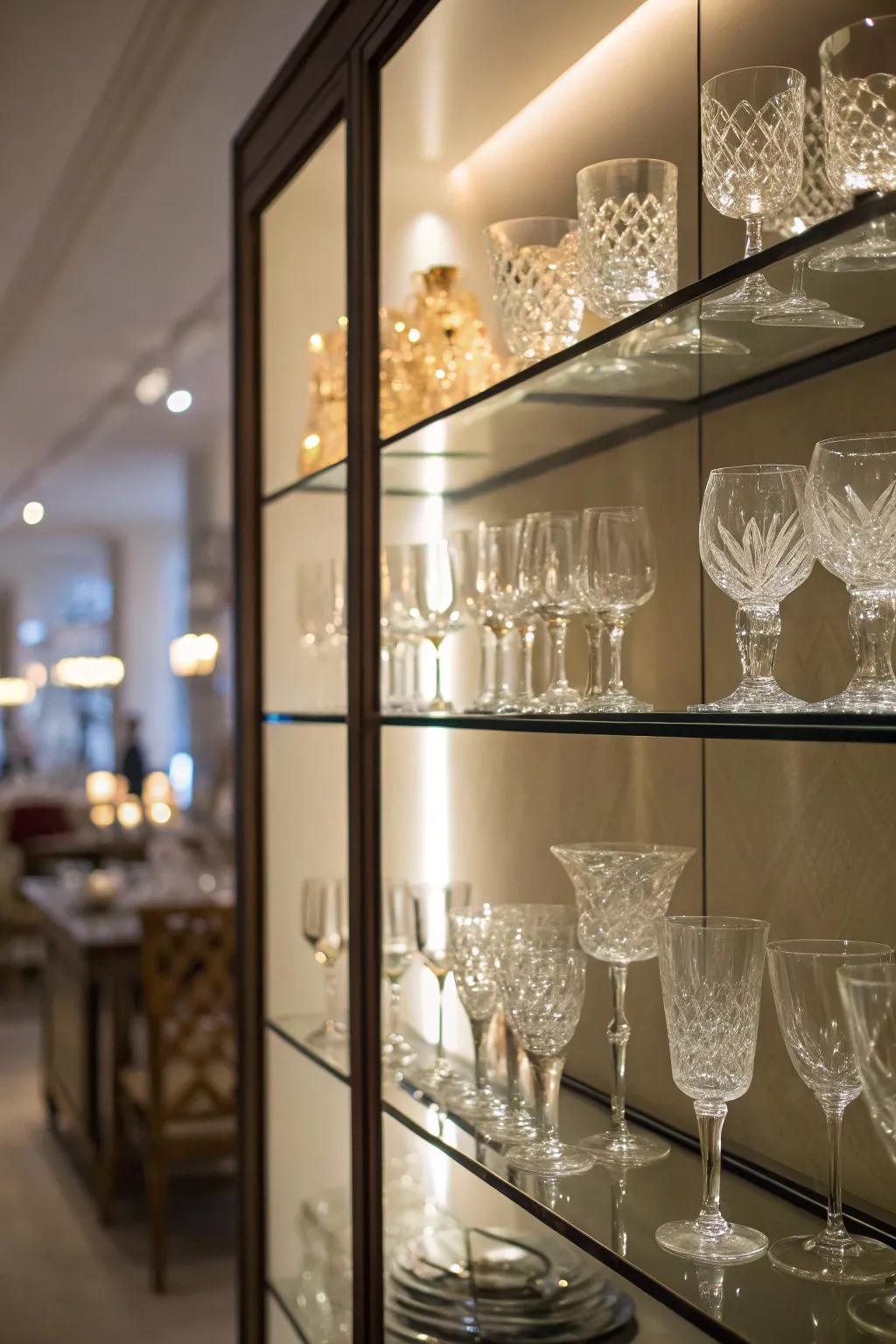 Radiant shelving creating a warm ambiance with glassware.