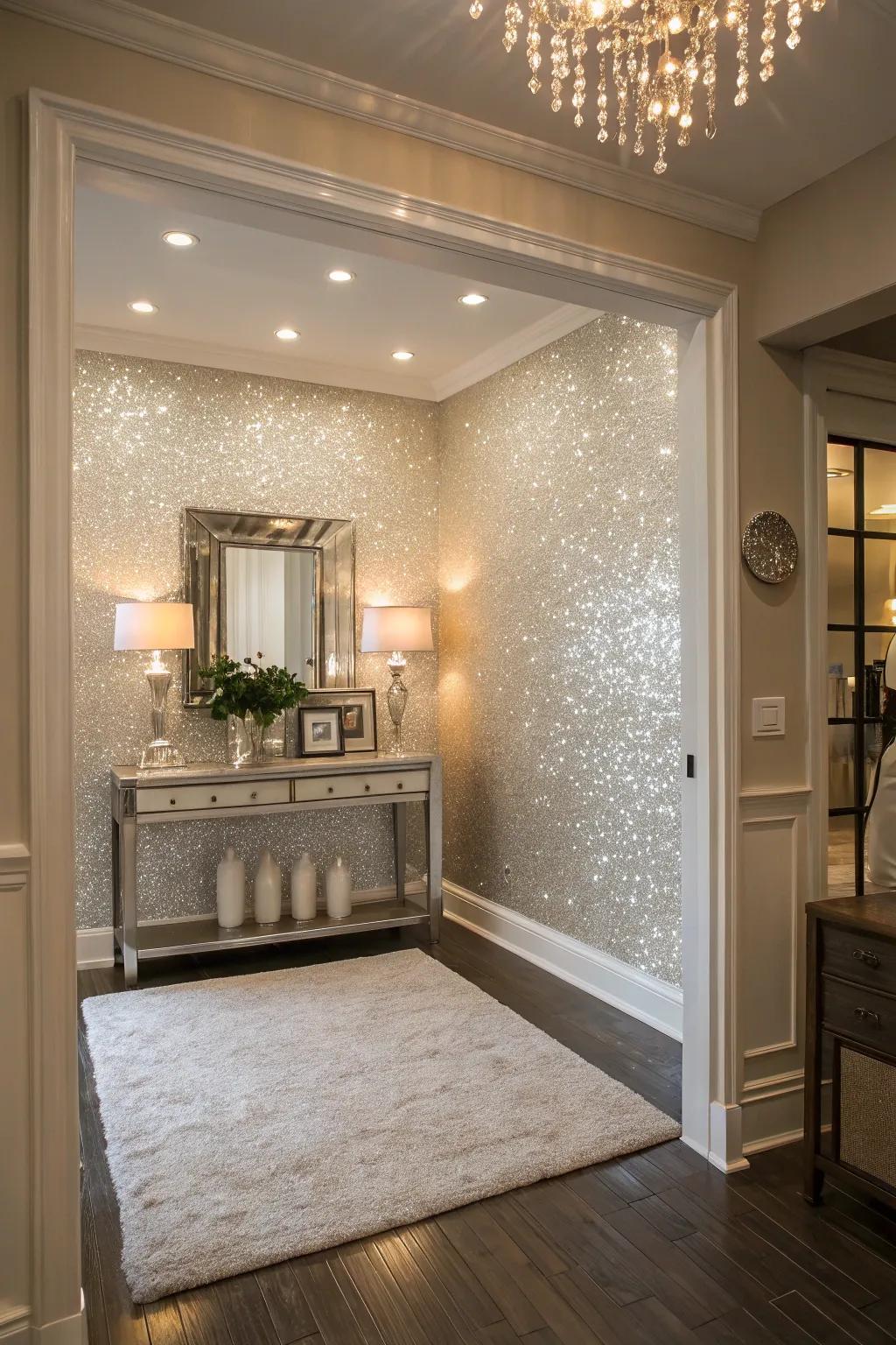 A shimmering feature wall creates a welcoming entrance.