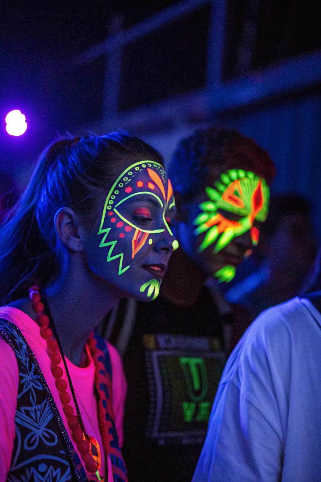 Unleash creativity with neon face and body painting.