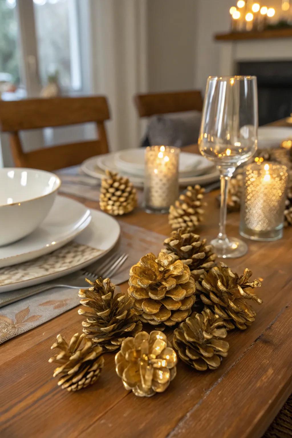 Nature-inspired gold-painted pinecones adding a rustic touch.