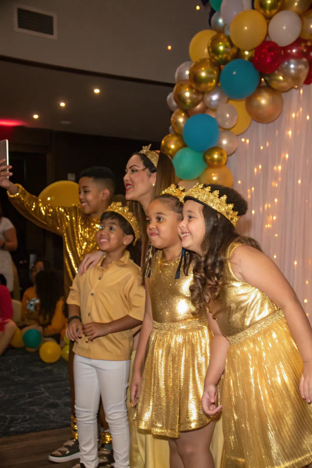 Guests embracing the festive theme with stylish gold attire.