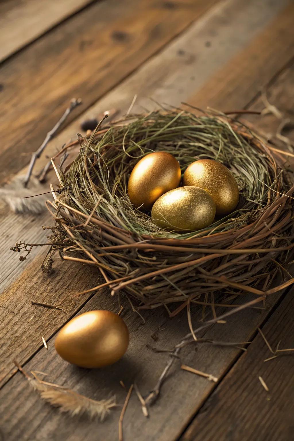 Gilded eggs nestled in a country nest, ideal as an Easter centerpiece.