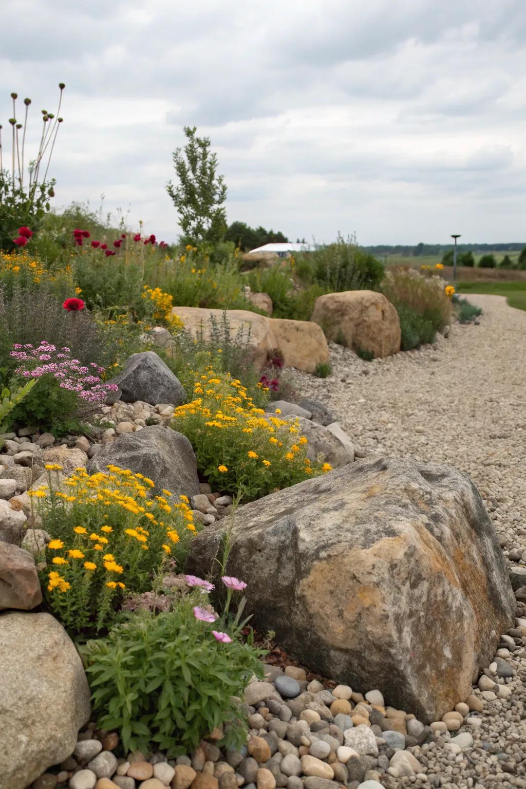 An earthy stone flower garden showcasing substantial rocks