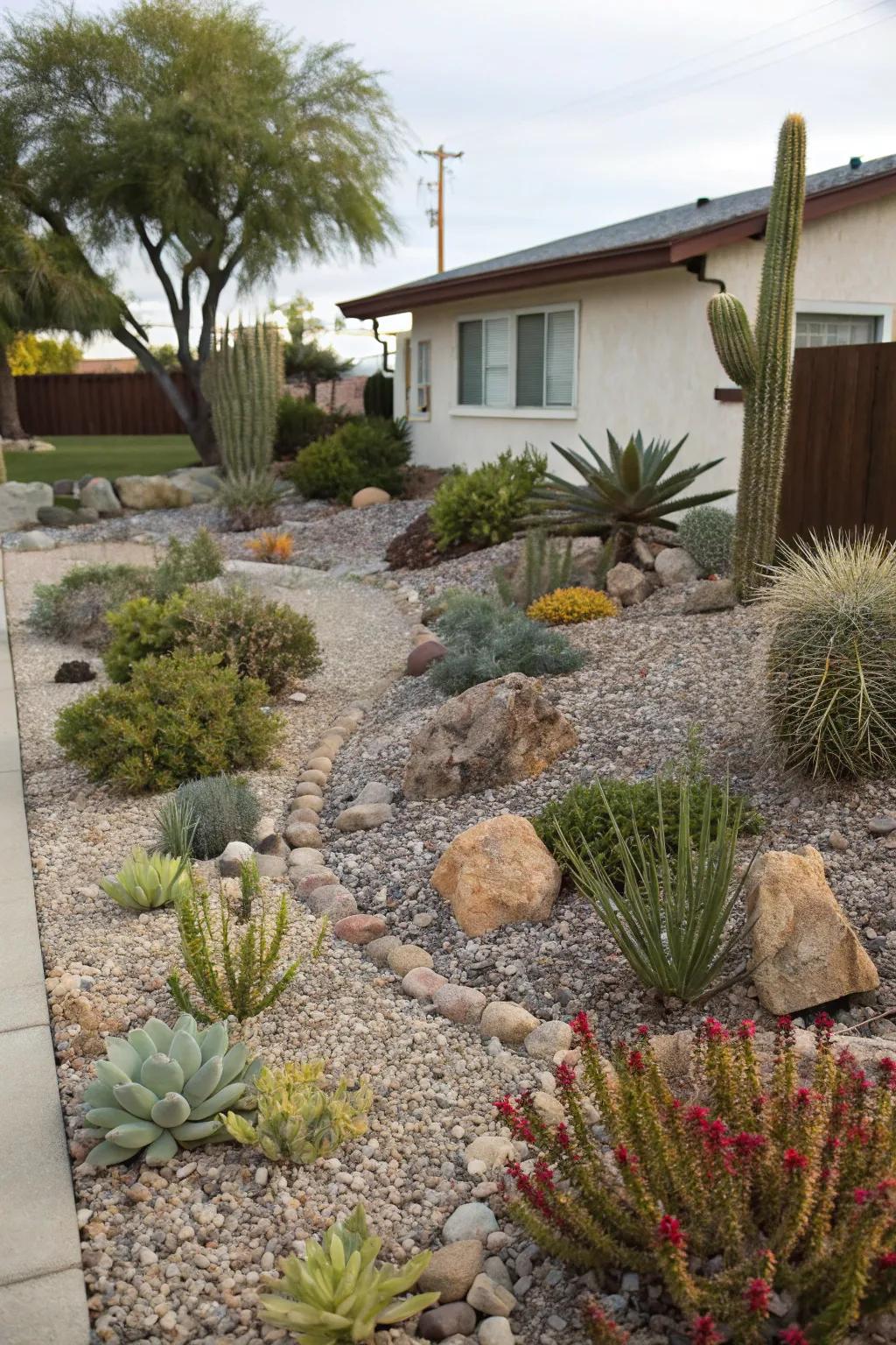 A water-saving landscaped yard with gravel and plants that need very little water.