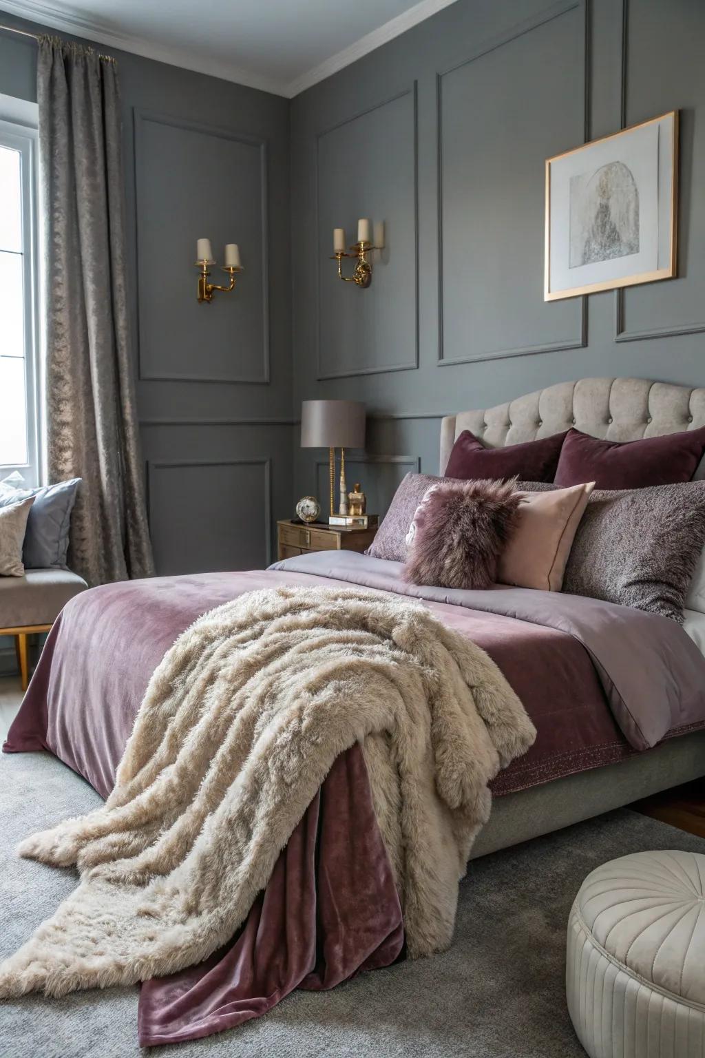 A comfortable gray bedroom featuring attractive soft materials.