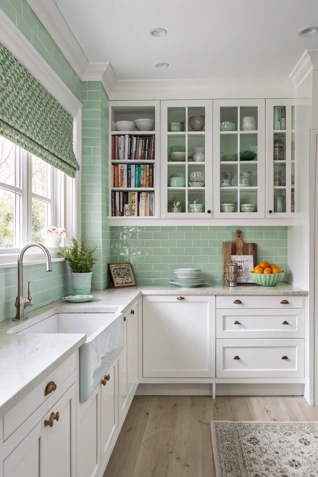 A pale green wall brightens up this modern culinary space.