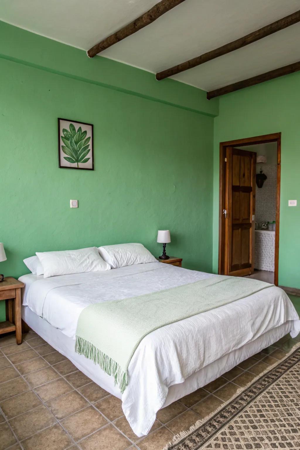 Crisp white bedding delivers a clean, fresh contrast against the green.