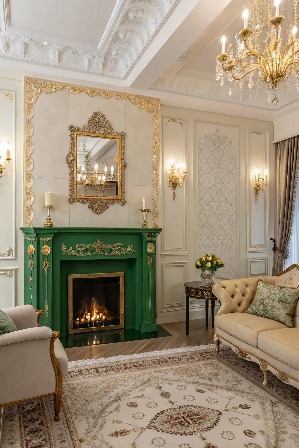 A glamorous living room with a green fireplace and gold features.
