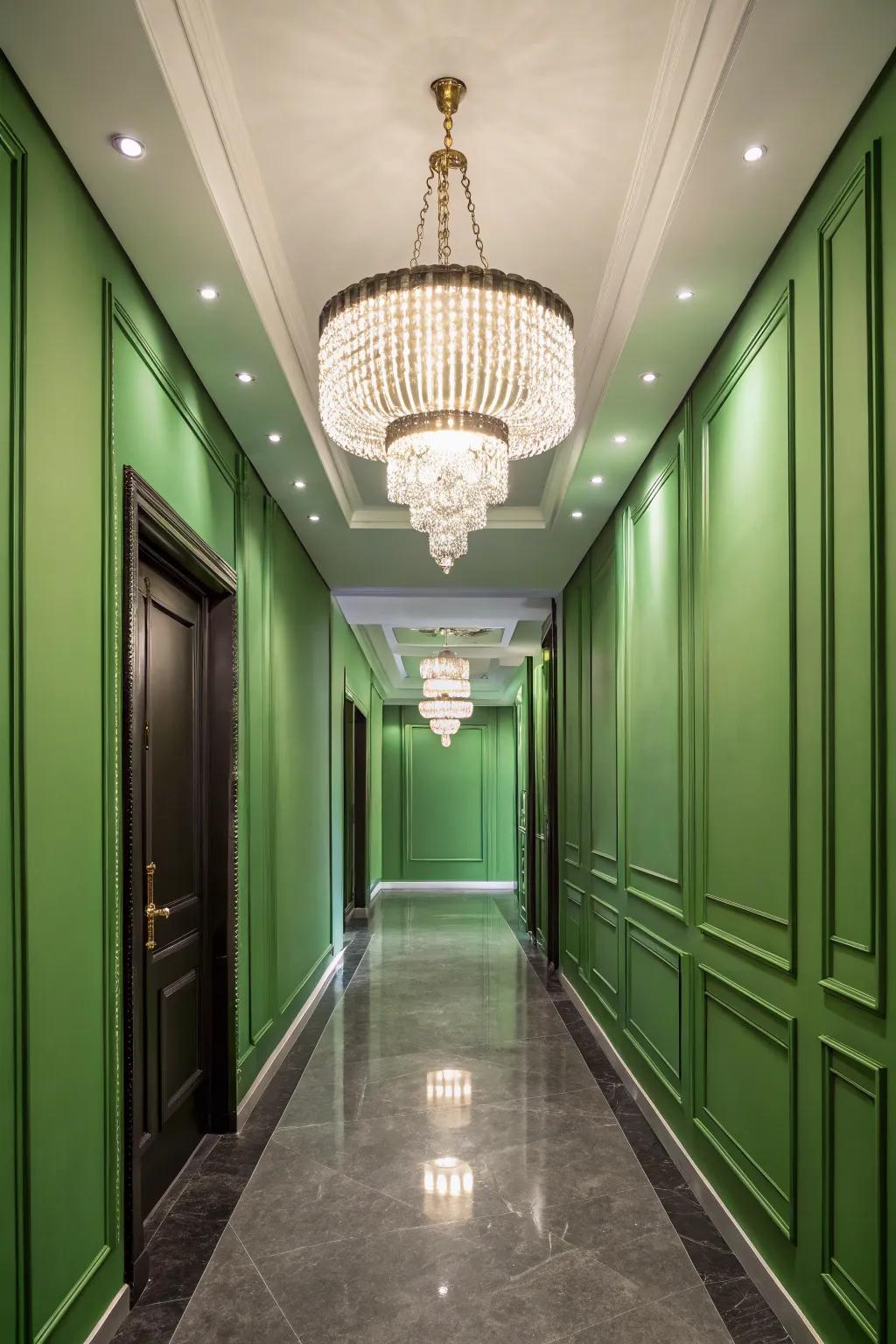 A modern chandelier enhances the elegance of this green hallway.