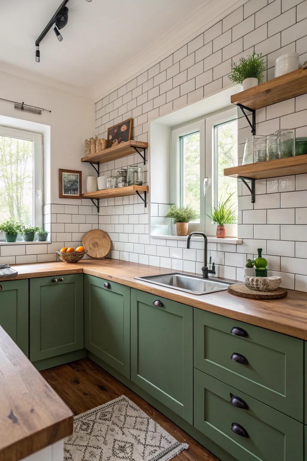 Green cabinets contrasted with white tiles and wooden accents.