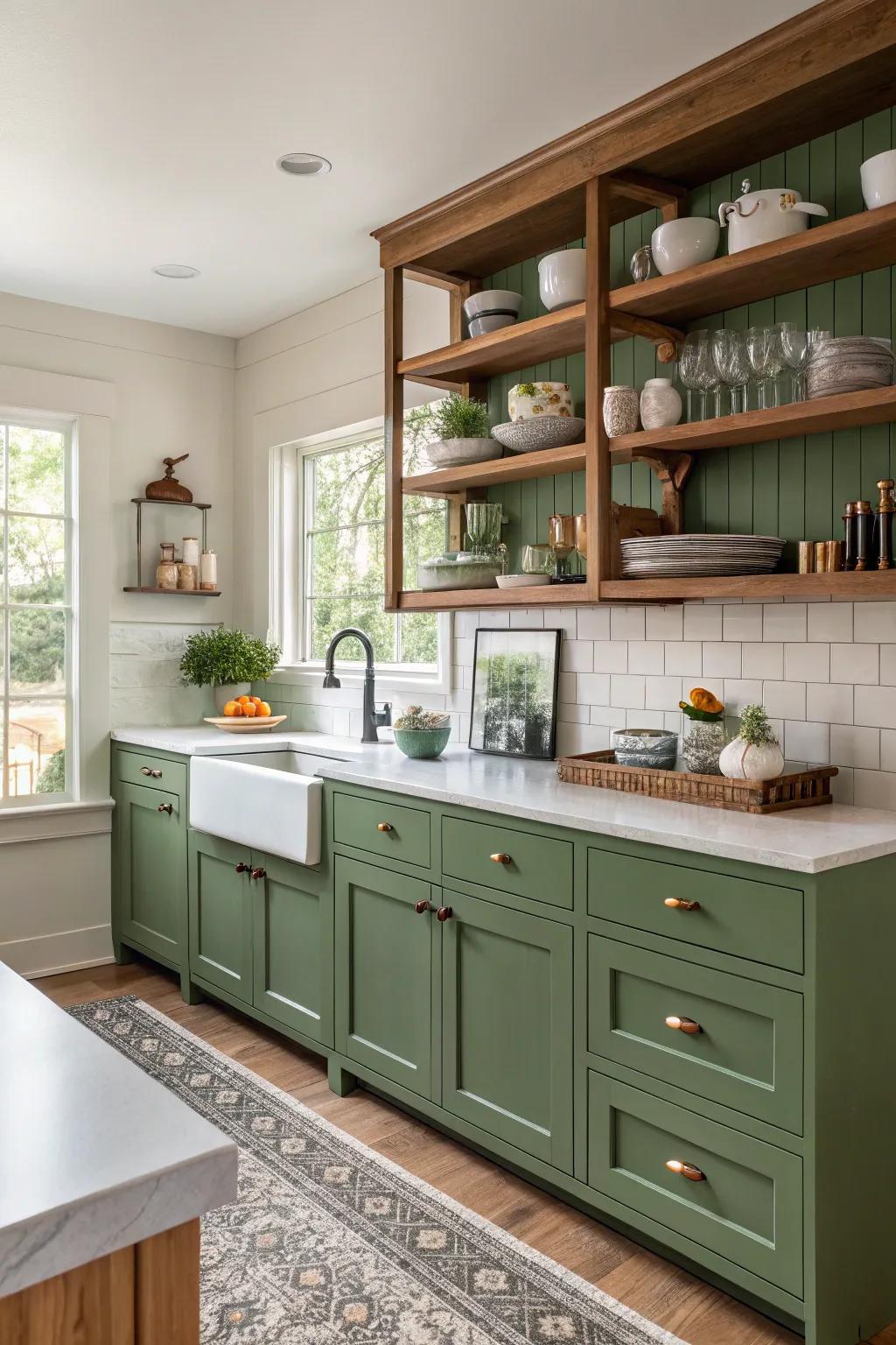 Exposed shelving in a green kitchen beautifully displays decorative accents.