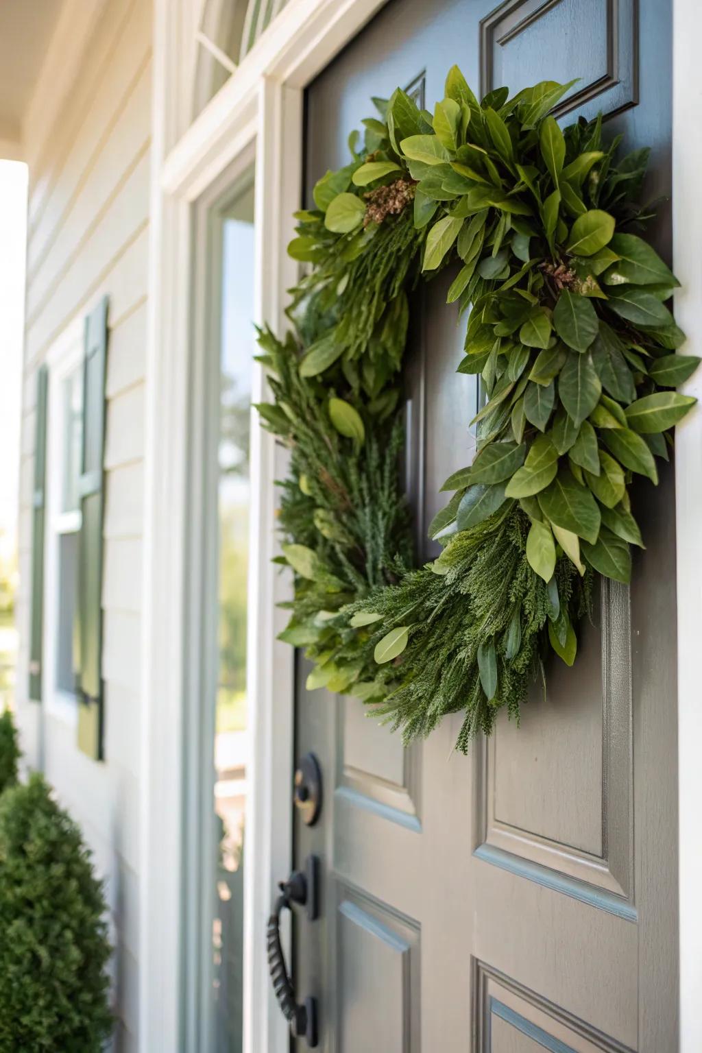 A botanical door circle creates a warm and inviting entry.