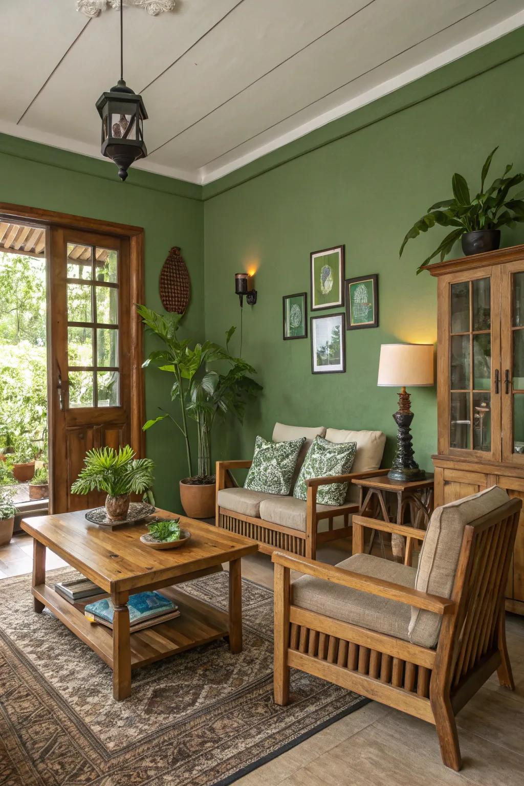 Natural wood adds warmth and complements green tones.
