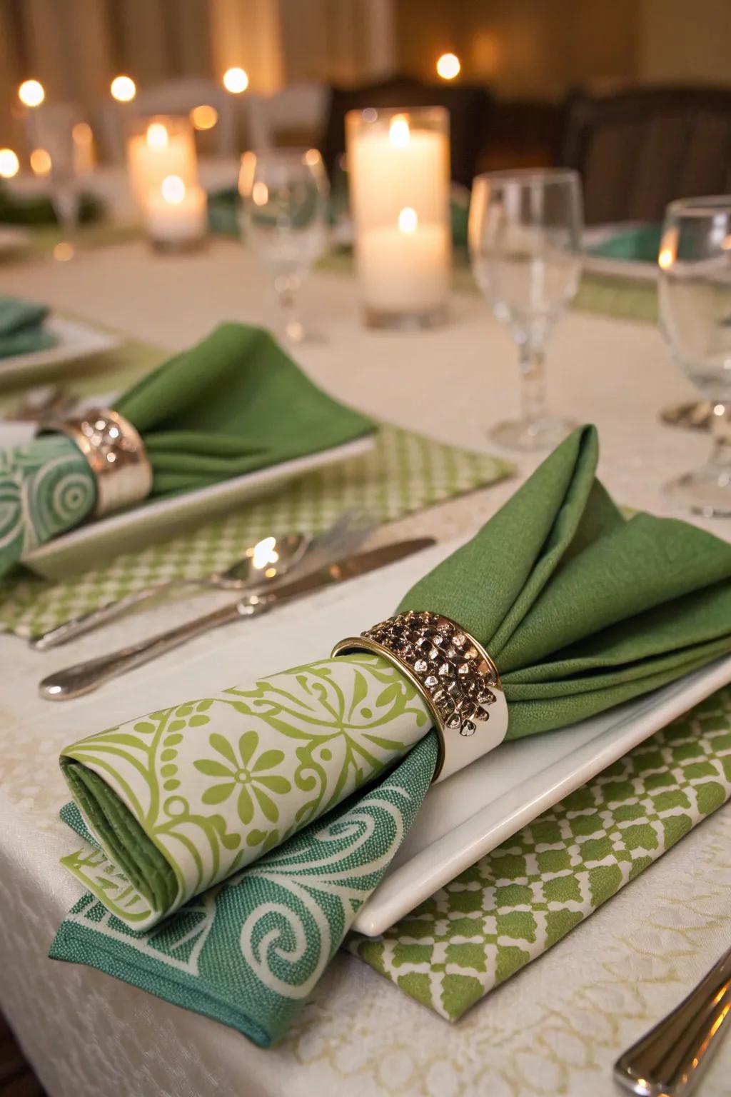 Solid and patterned emerald wipes for a refined impression.