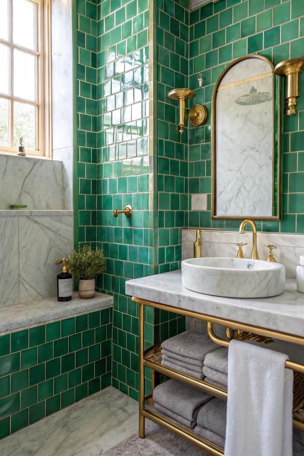 Combining elements such as brass and marble with green tiles adds refinement.