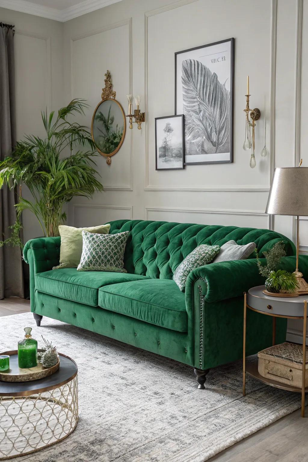 A stylish monochrome living room with layered forest green tones.