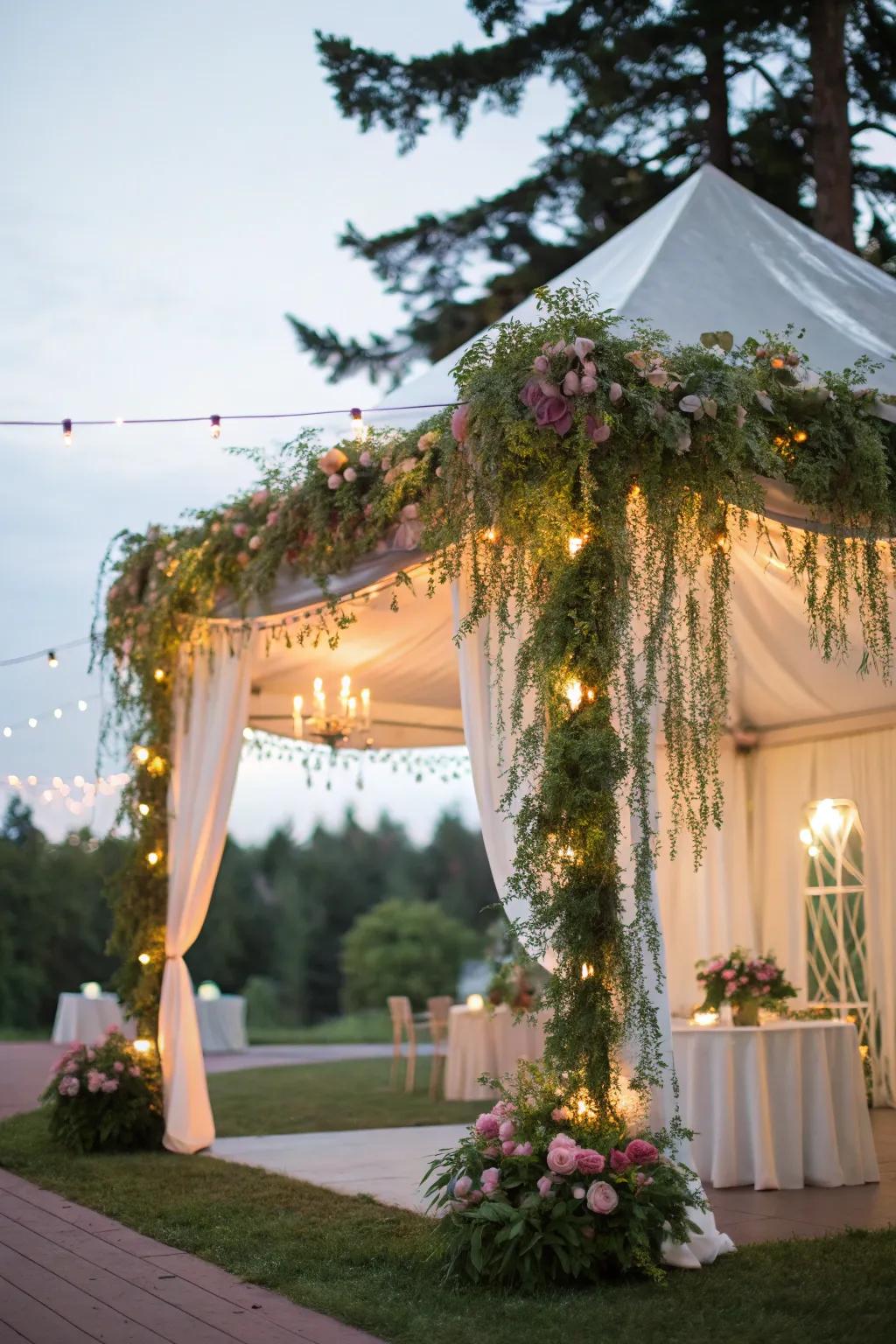 A tent reception with foliage creating a magical canopy.