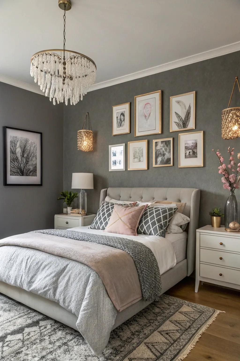 Artistic pieces breathe vitality into this grey feature wall.