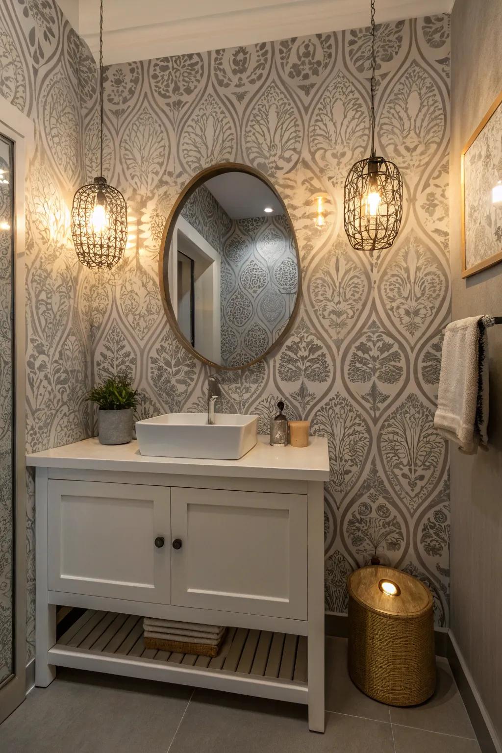 Patterned grey paper enhances texture and interest within this small restroom.