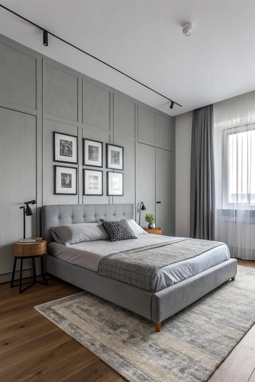 Polished furnishings complement a contemporary grey bedroom.