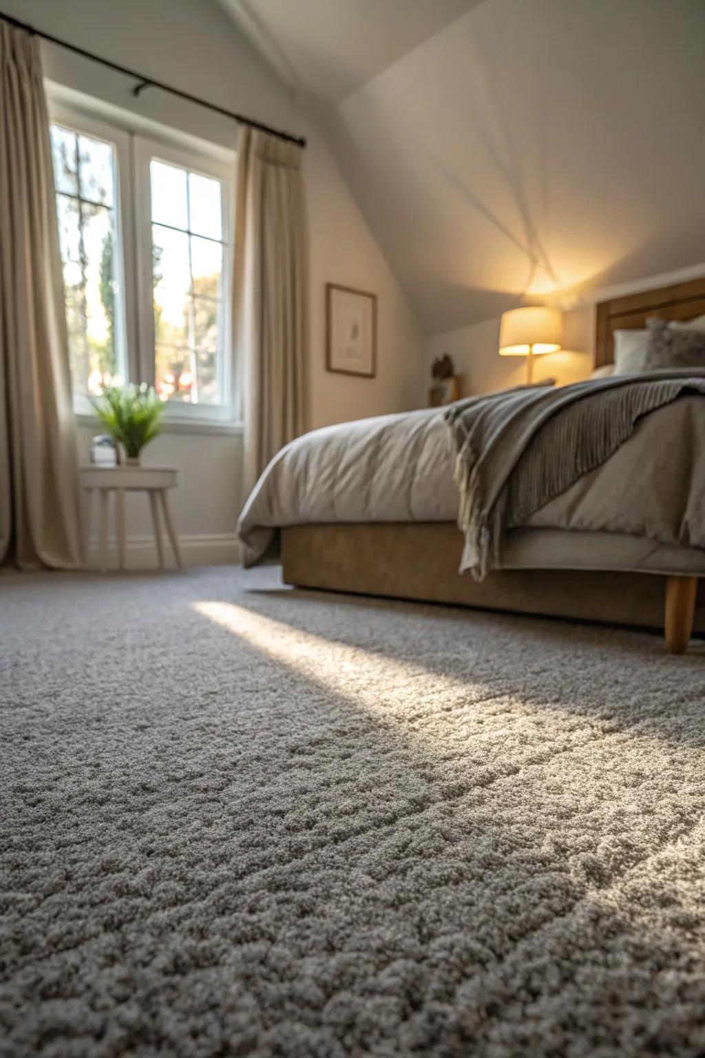 Patterned ash-toned floor covering enhances the room's dynamics with its attention-grabbing design.