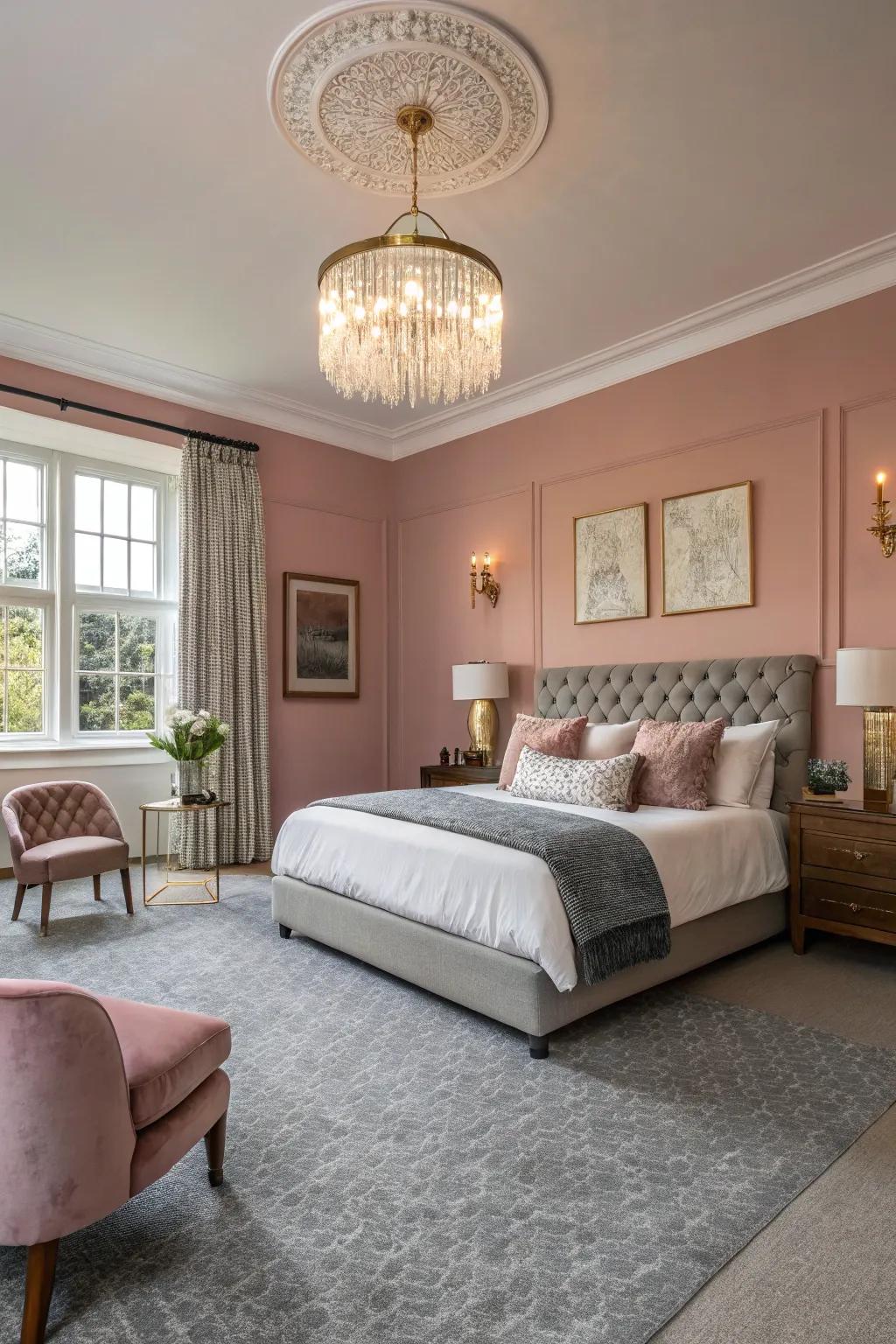 Rose quartz walls bring color and elegance to grey carpets.