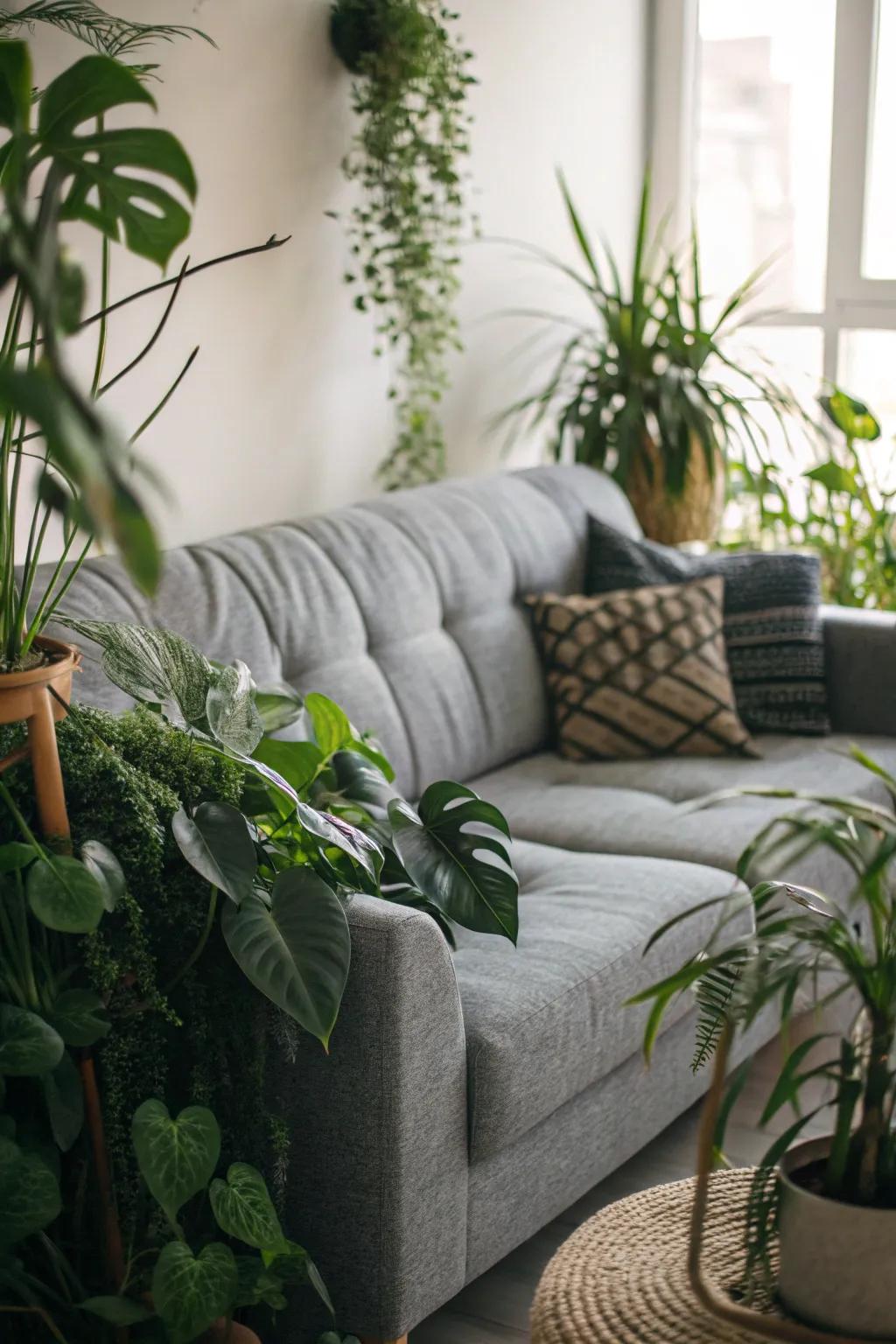 Indoor plants breathe life into a gray sofa arrangement.