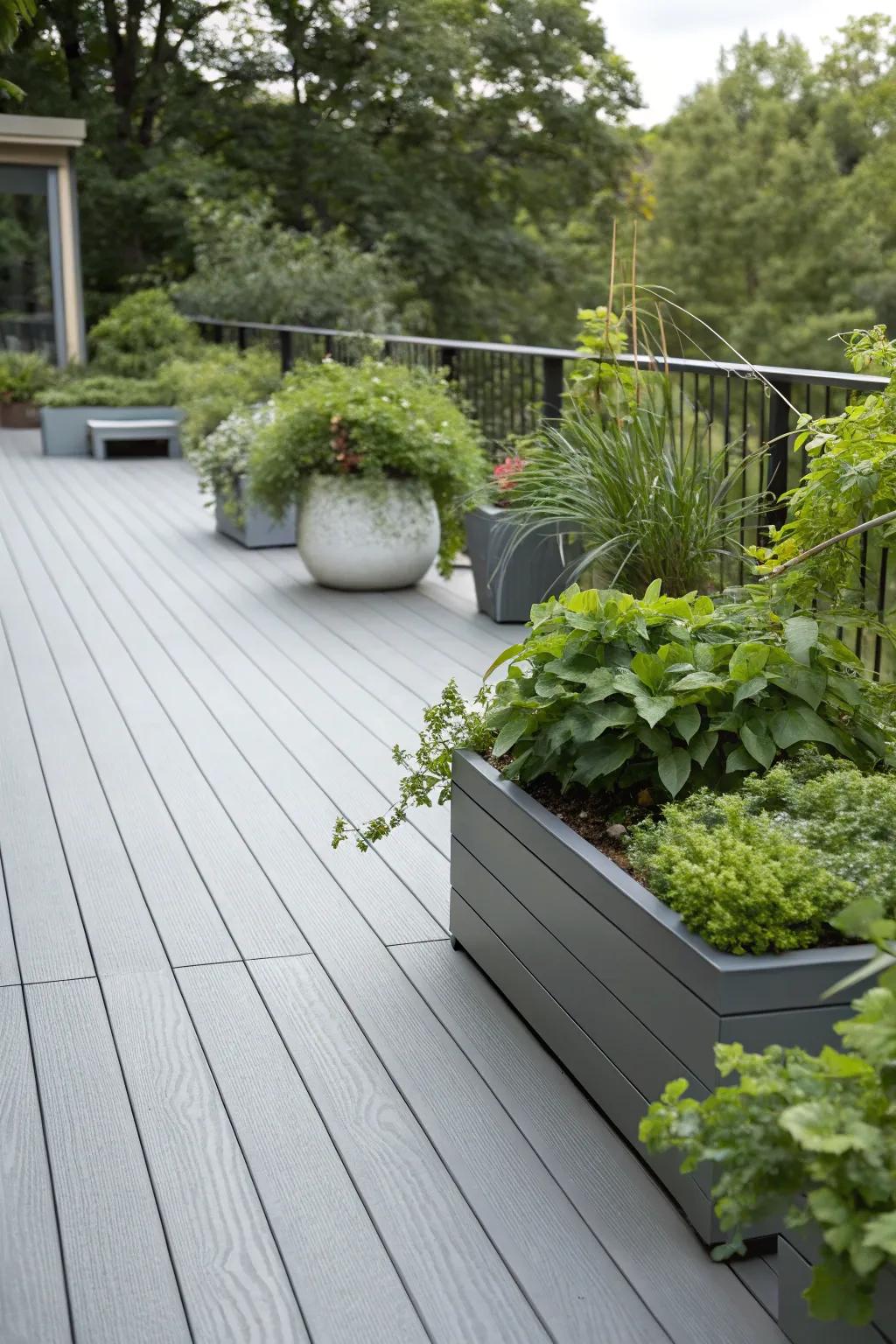 A peaceful grey deck surrounded by lush greenery.