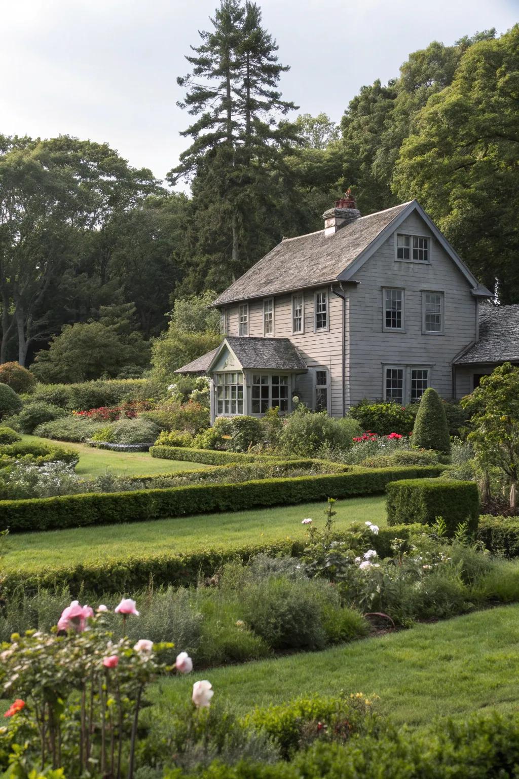 Lush greenery beautifully complements a grey exterior, creating a welcoming atmosphere.