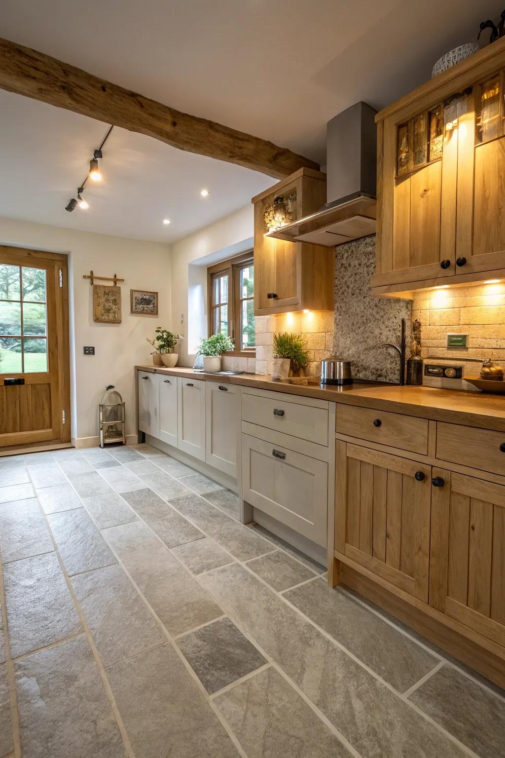 Beige-grey flooring adds warmth and elegance to this kitchen space.