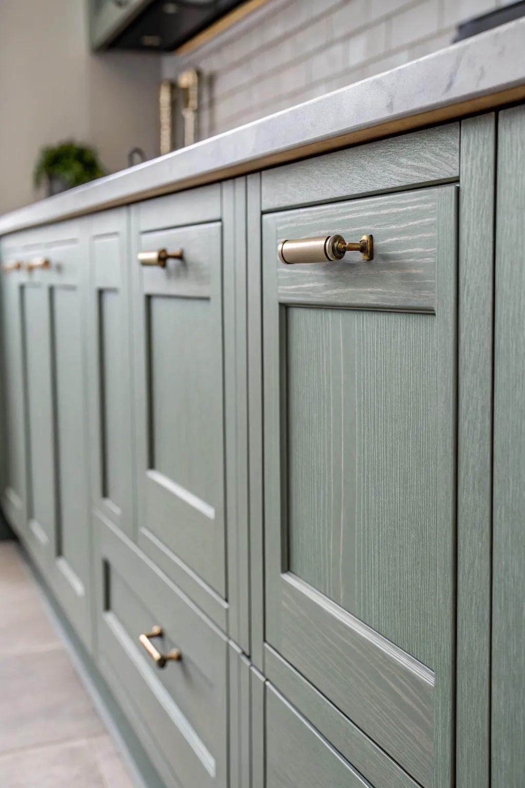 Simple hardware enhances the sophisticated design of grey-green cabinets.