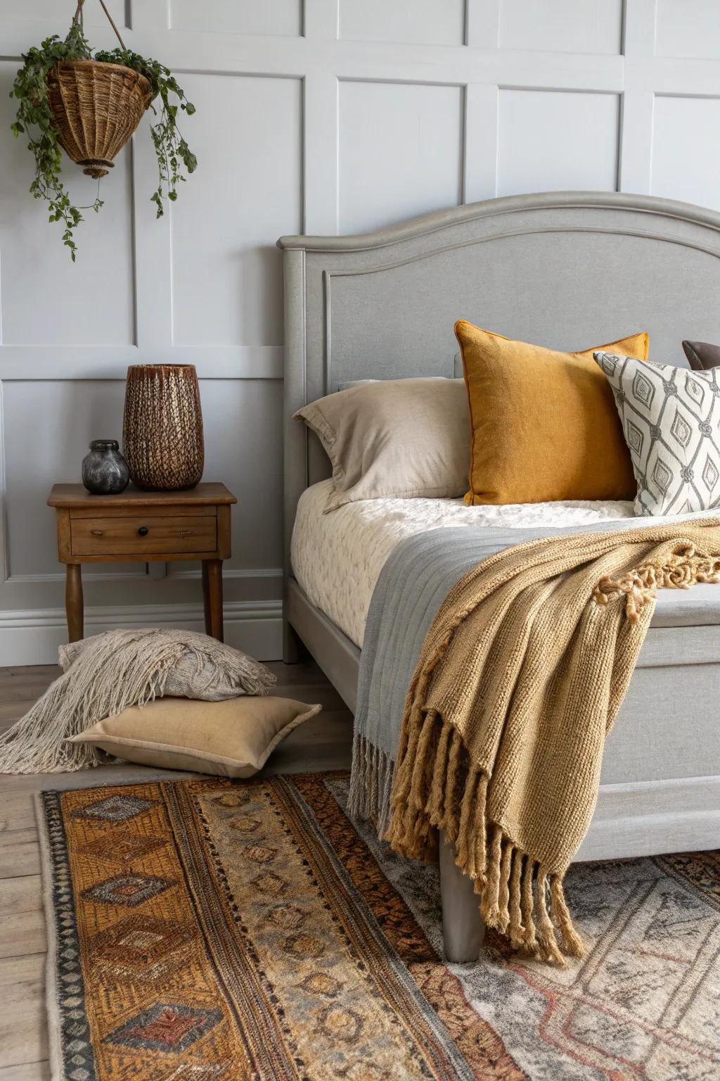 A snug and attractive bedroom with a grey headboard and cozy details.