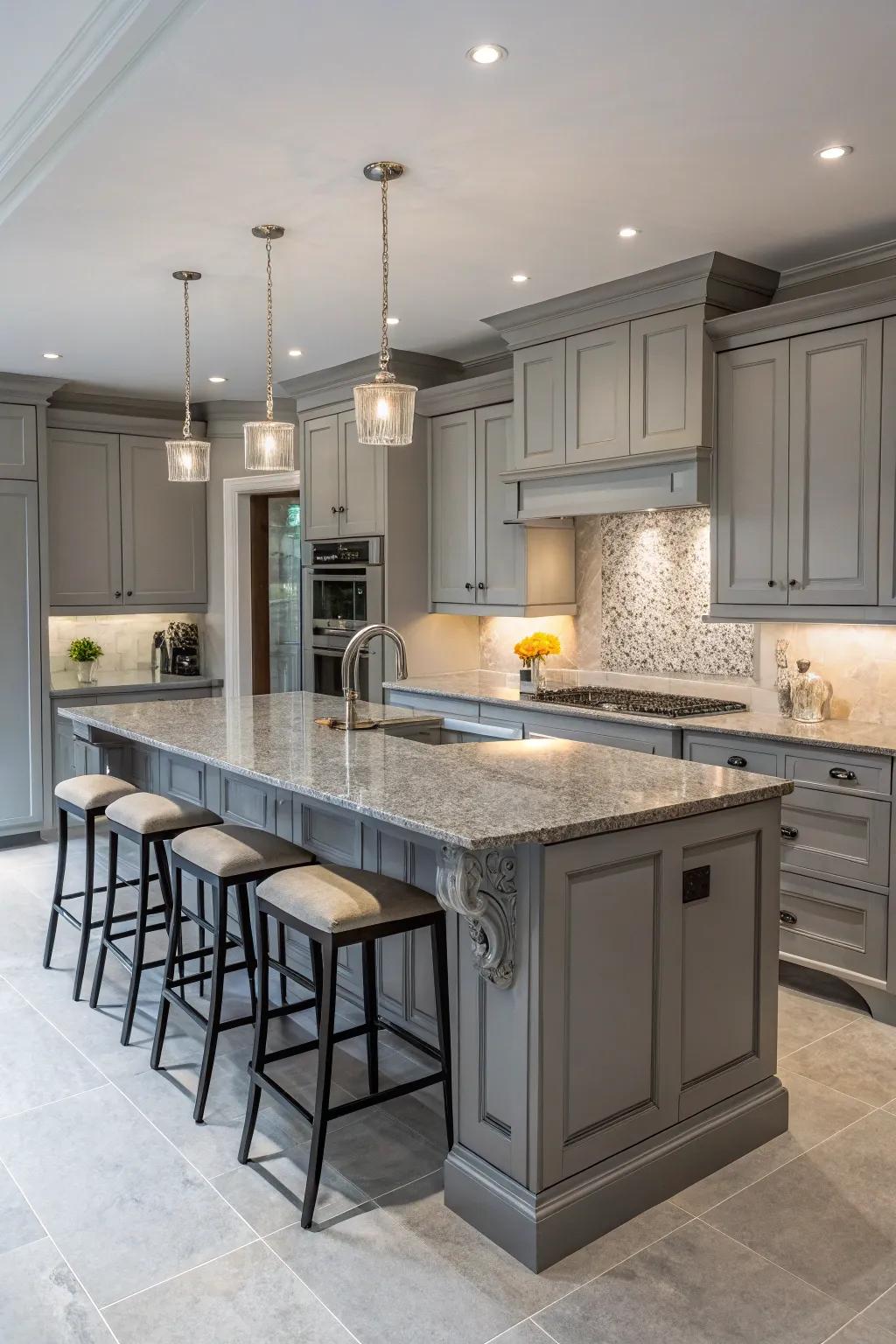 A kitchen island incorporates functionality and style to a grey kitchen.