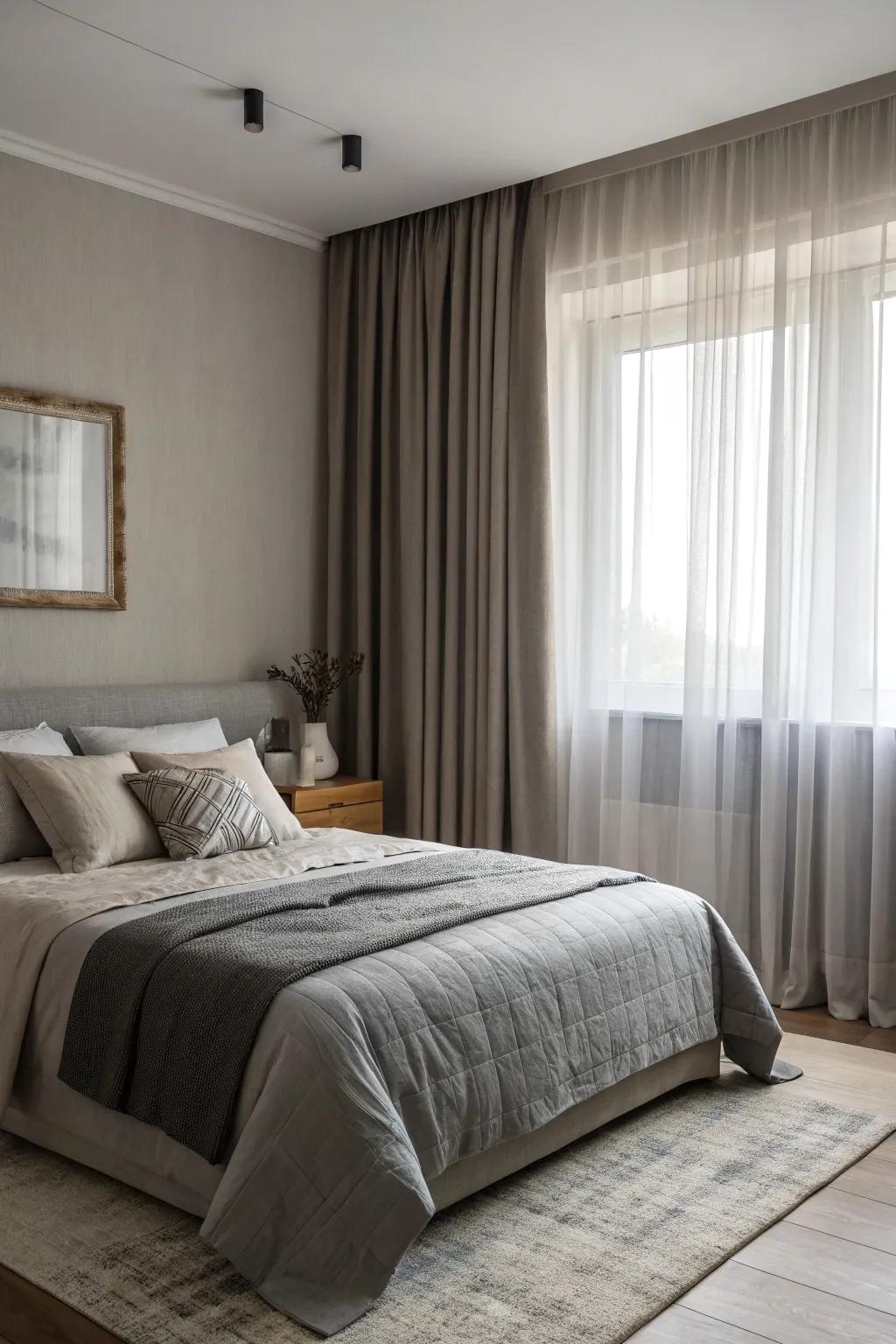 Layer shades of grey for a serene monochrome bedroom.