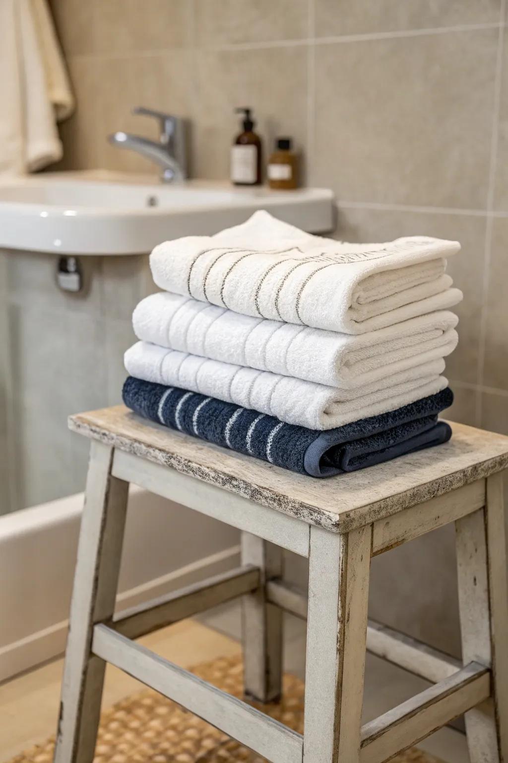 Stack towels on a seat for an artistic display.