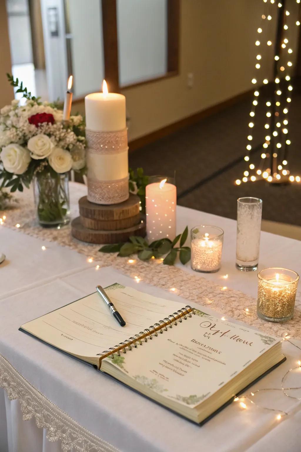Candles add a warm, inviting radiance to the guest book table.