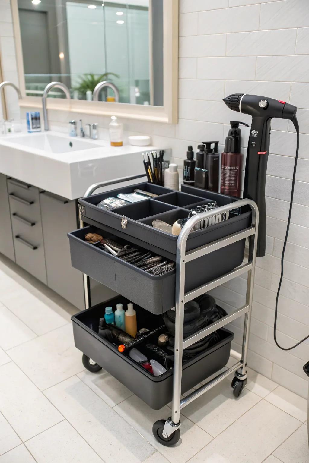 A versatile rolling cart keeps hair products organized and mobile.