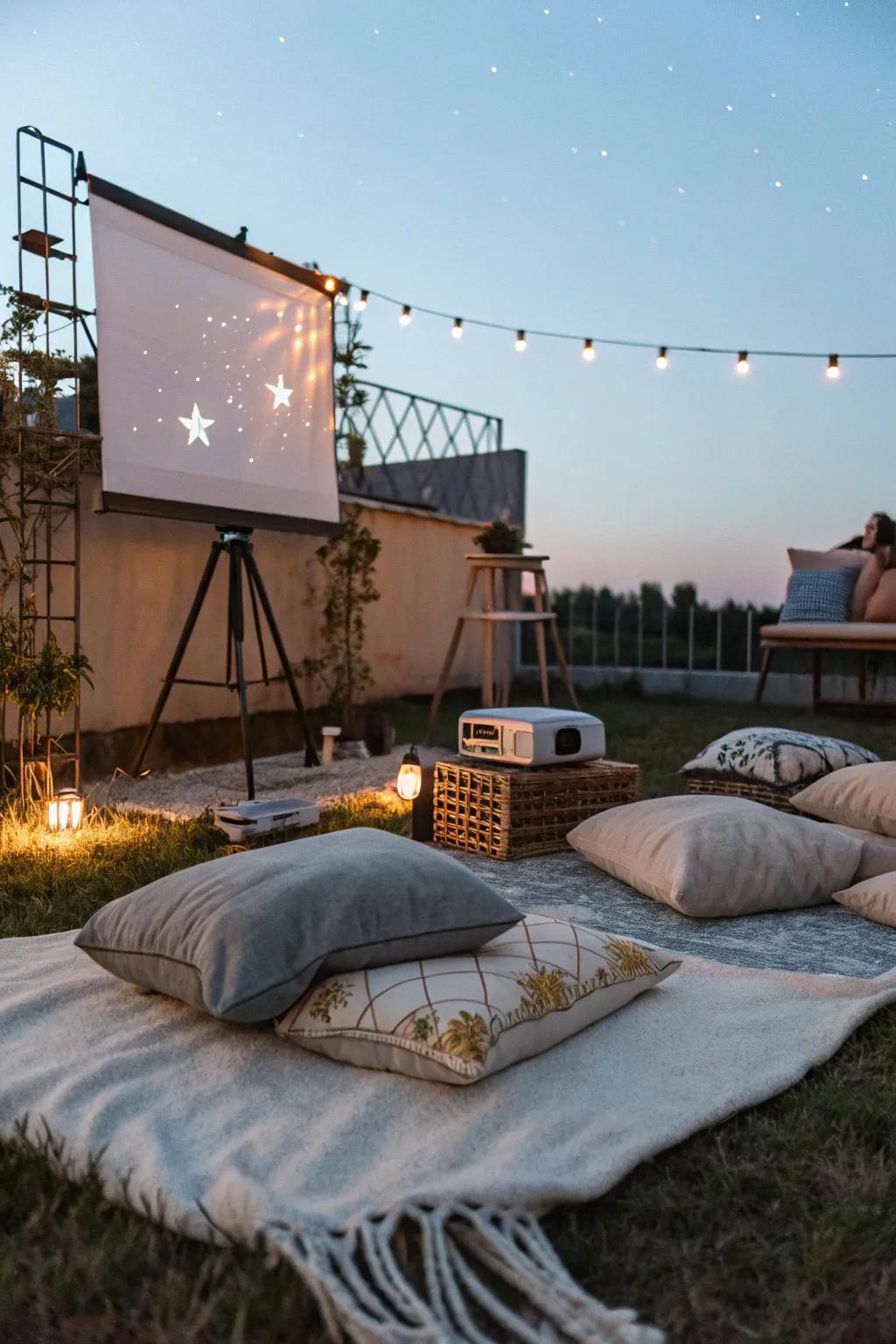 A cozy outdoor movie setup, ideal for a half birthday celebration under the stars.
