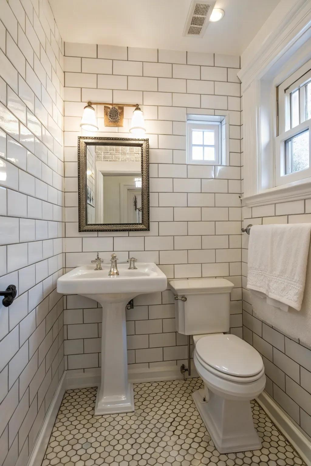 Brick tiles give a neat and timeless look to a guest bathroom.
