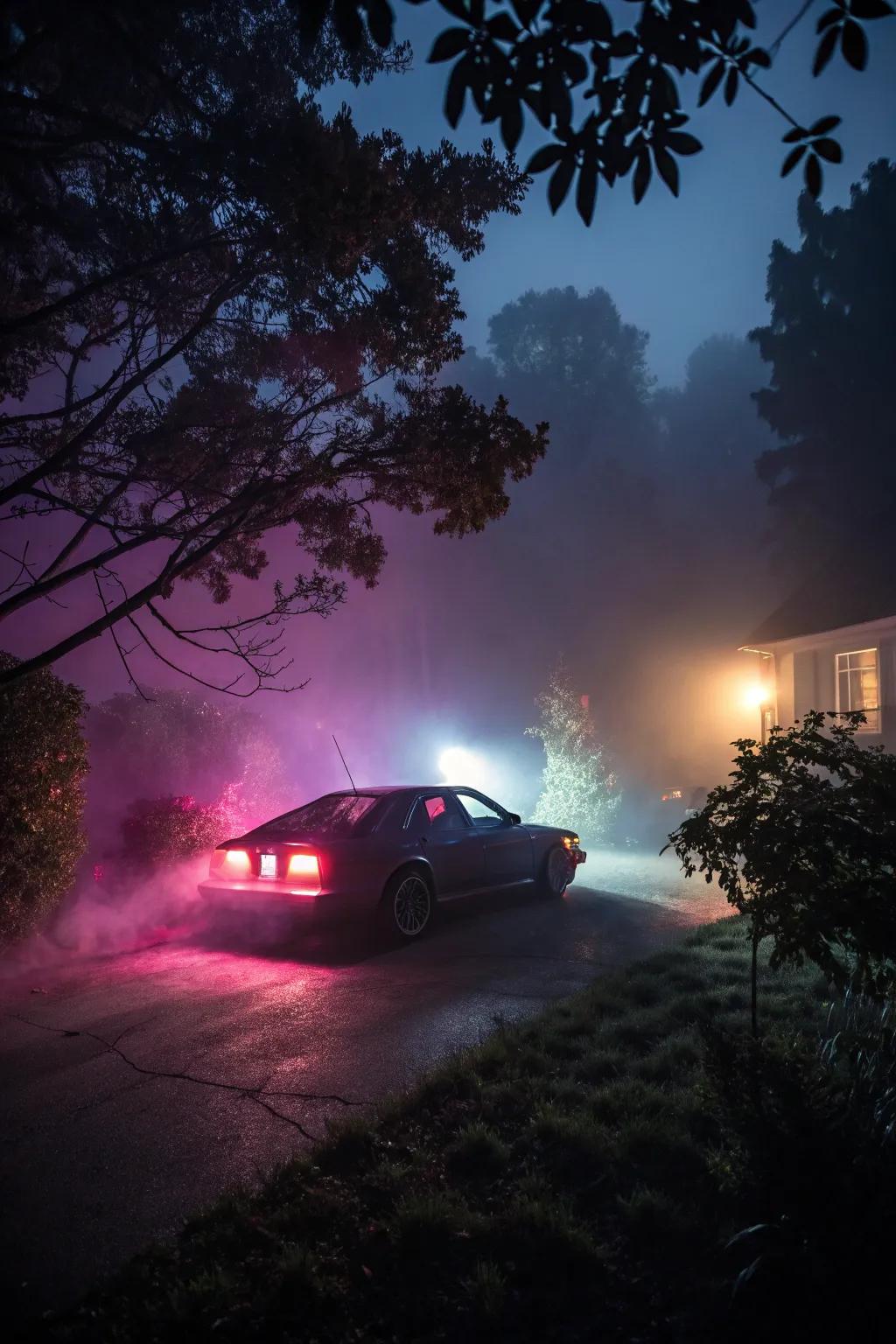 Fog and lights conjure a hauntingly beautiful scene.