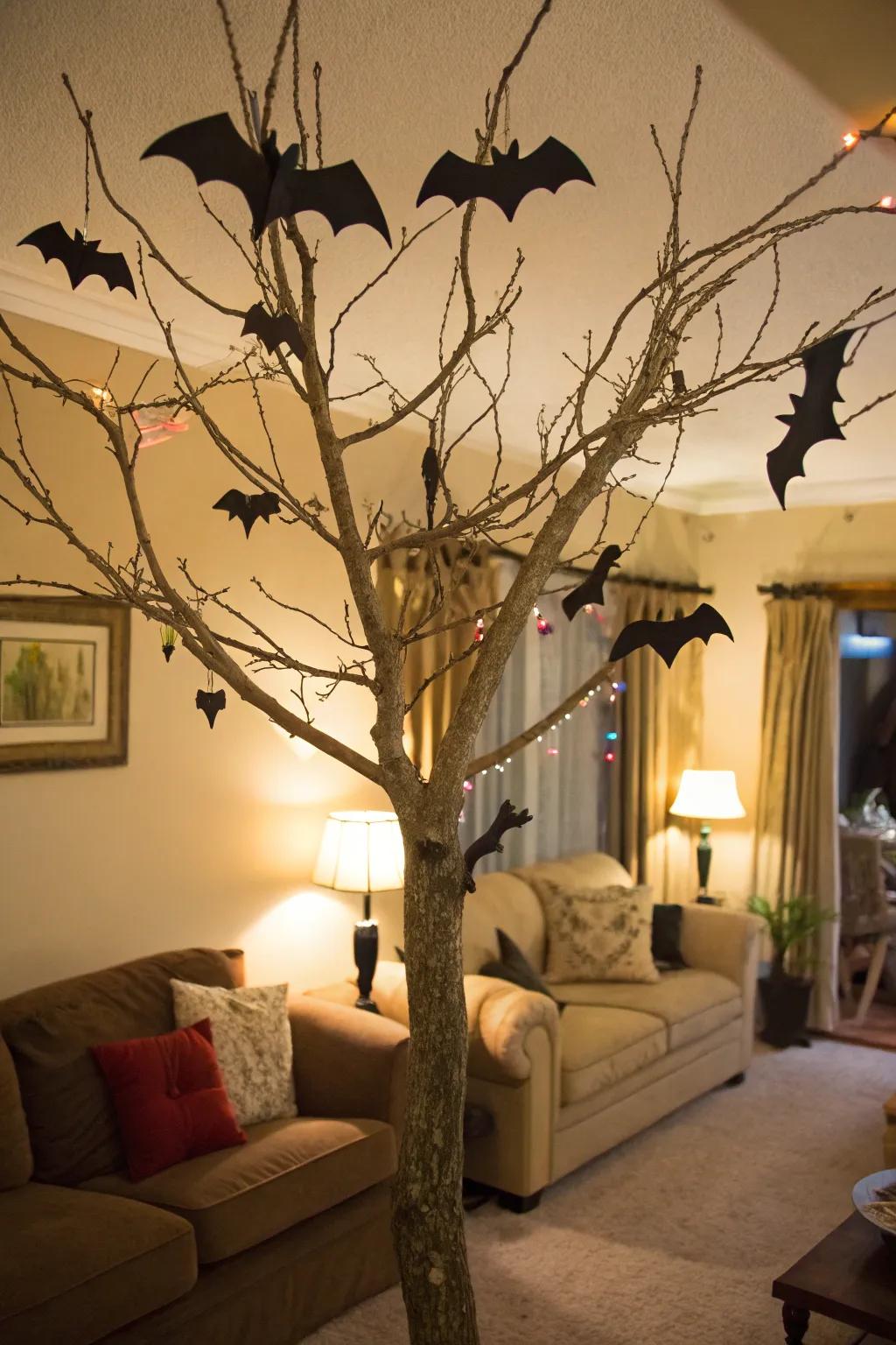 A spooky Halloween tree adorned with fluttering bats.