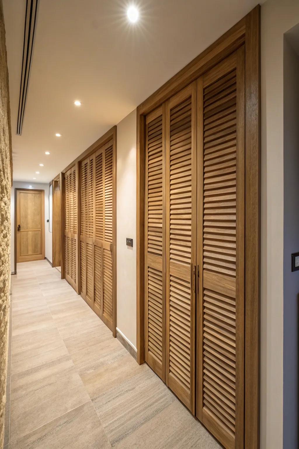 Add texture using timber slatted closet panels.