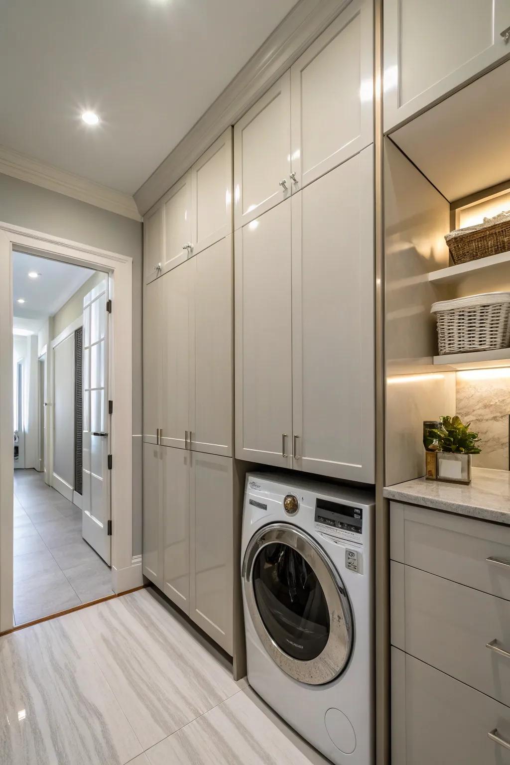 Elegant built-in cabinets keep the laundry area tidy.